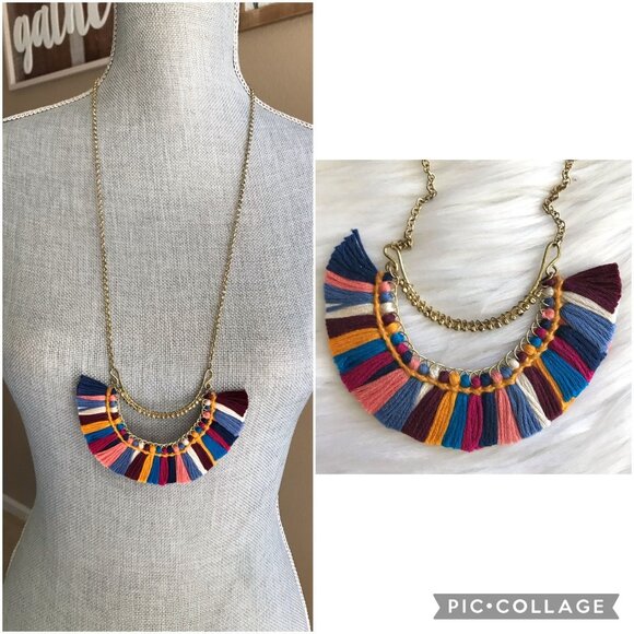 NWT Anthropologie Jewelry Multicolor String Fringe Tassel Statement Necklace - Picture 1 of 7